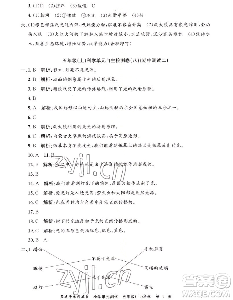 浙江工商大學(xué)出版社2022孟建平小學(xué)單元測(cè)試科學(xué)五年級(jí)上教科版答案