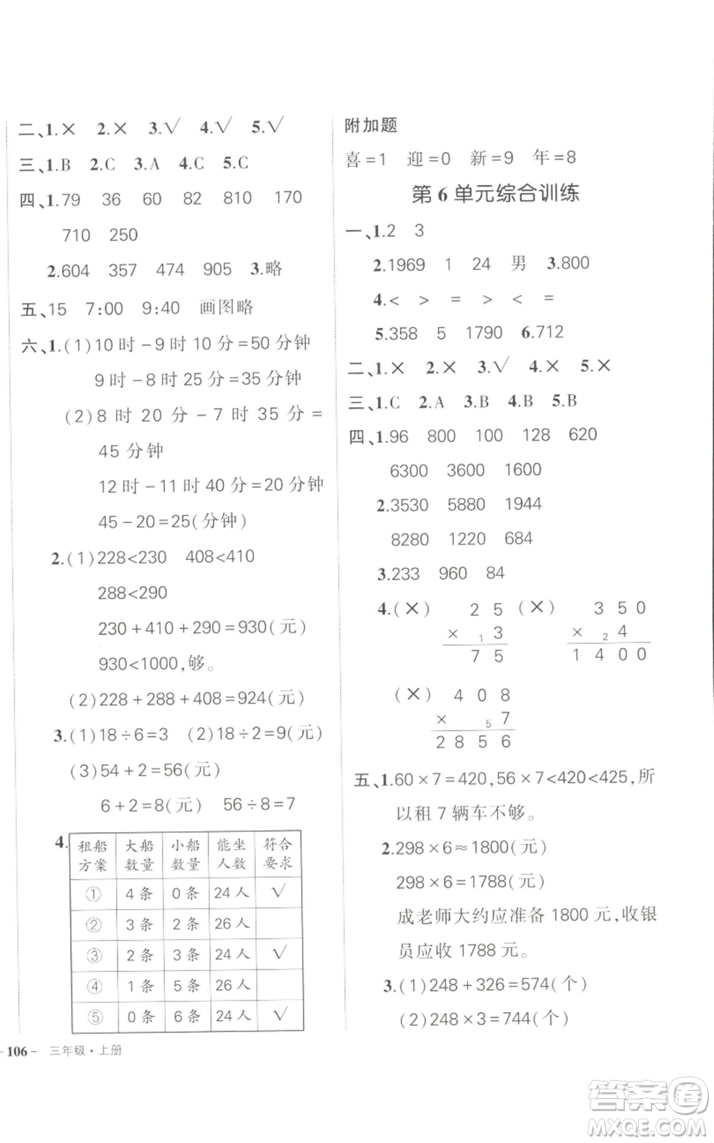 長(zhǎng)江出版社2022秋季狀元成才路創(chuàng)優(yōu)作業(yè)100分三年級(jí)上冊(cè)數(shù)學(xué)人教版參考答案