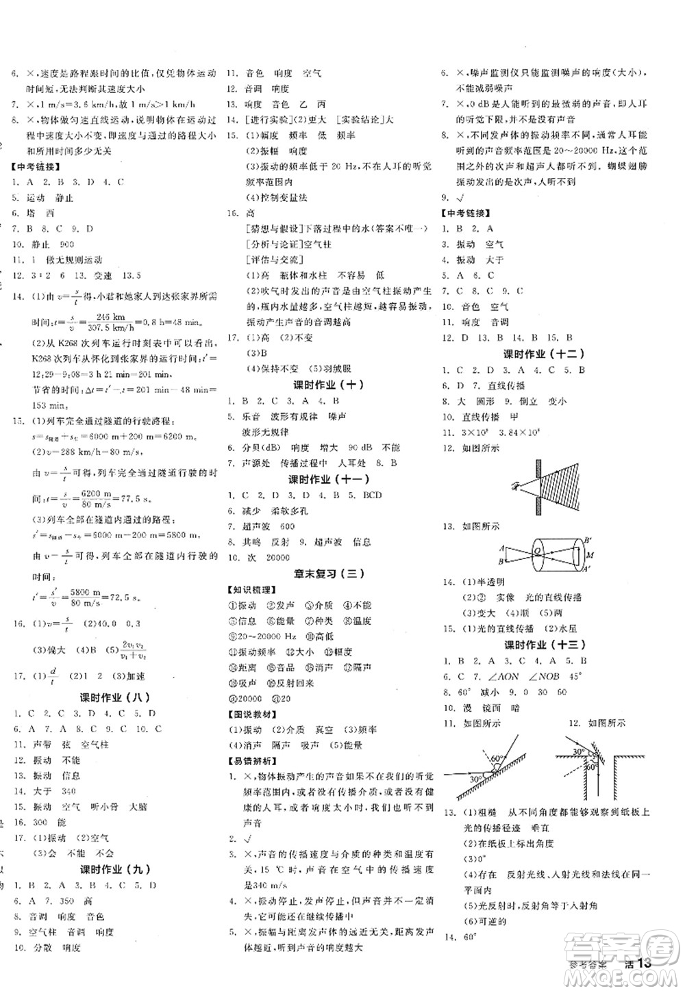 陽光出版社2022全品學(xué)練考八年級(jí)物理上冊(cè)JK教科版答案