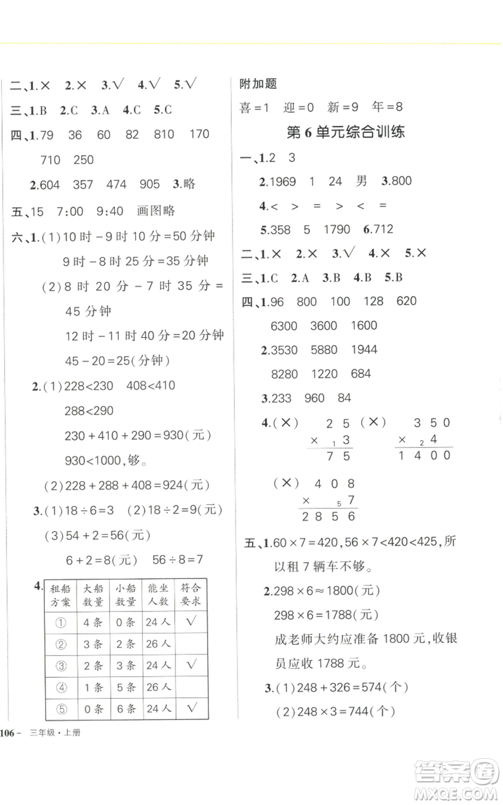 武漢出版社2022秋季狀元成才路創(chuàng)優(yōu)作業(yè)100分三年級(jí)上冊(cè)數(shù)學(xué)人教版浙江專版參考答案