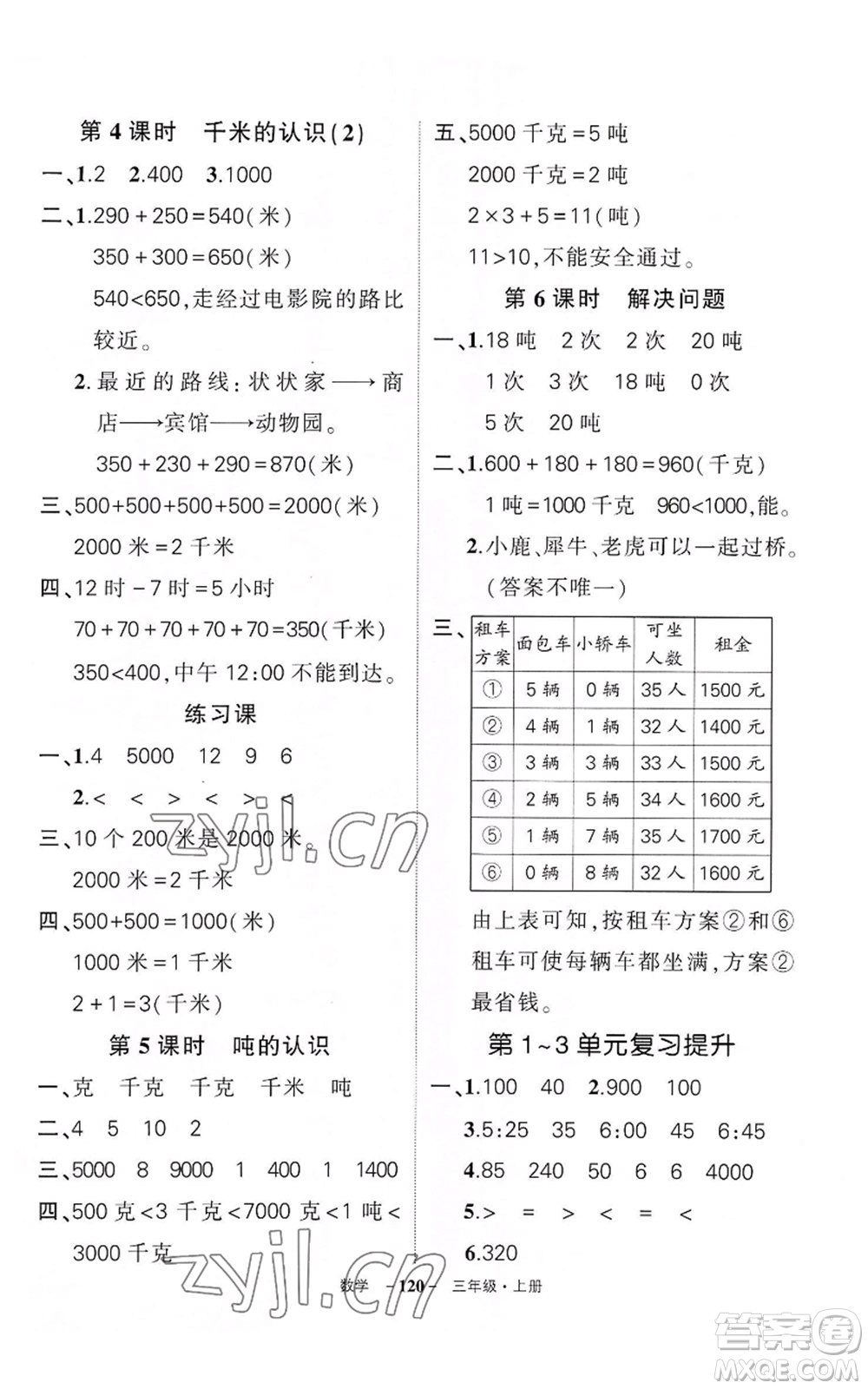 武漢出版社2022秋季狀元成才路創(chuàng)優(yōu)作業(yè)100分三年級上冊數(shù)學人教版湖北專版參考答案