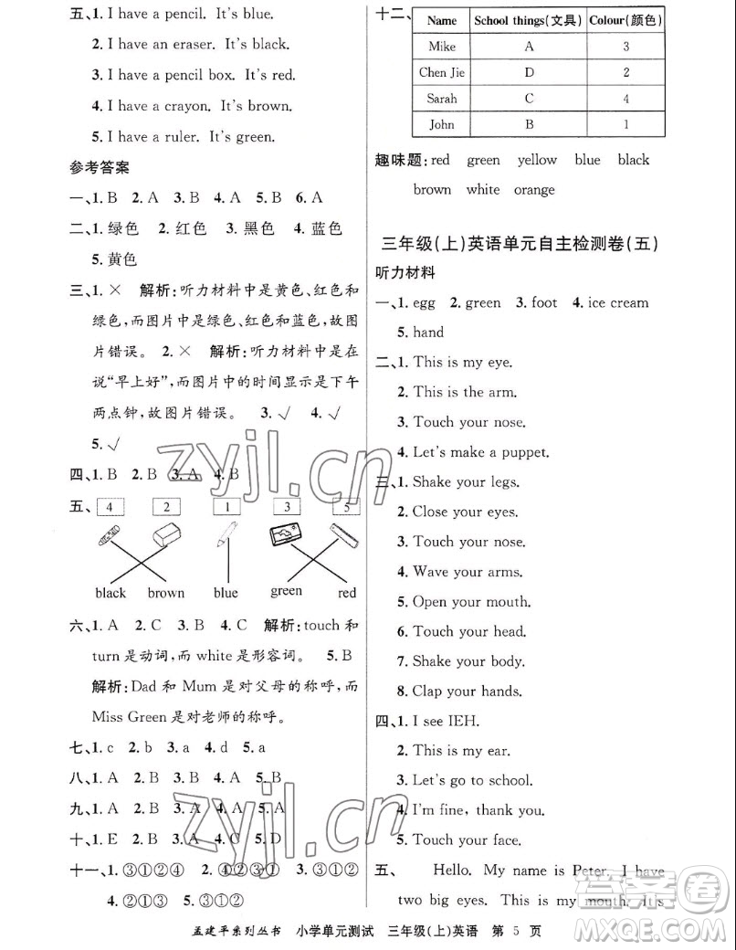 浙江工商大學(xué)出版社2022孟建平小學(xué)單元測(cè)試英語三年級(jí)上人教版答案