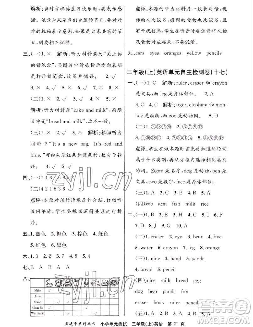 浙江工商大學(xué)出版社2022孟建平小學(xué)單元測(cè)試英語三年級(jí)上人教版答案