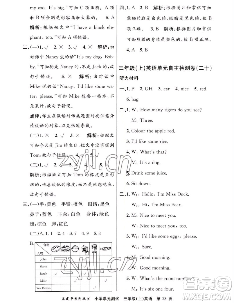 浙江工商大學(xué)出版社2022孟建平小學(xué)單元測(cè)試英語三年級(jí)上人教版答案