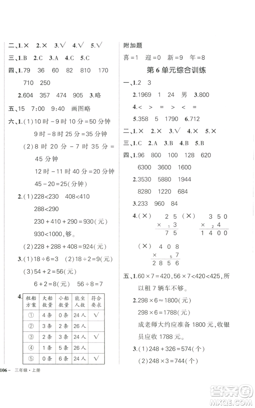 武漢出版社2022秋季狀元成才路創(chuàng)優(yōu)作業(yè)100分三年級上冊數學人教版貴州專版參考答案