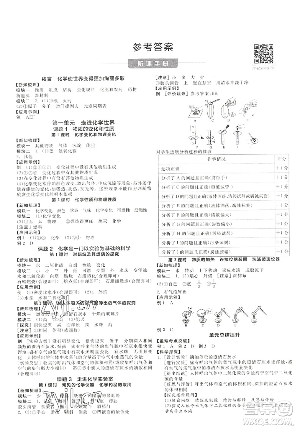 陽光出版社2022全品學練考九年級化學上冊RJ人教版江西專版答案