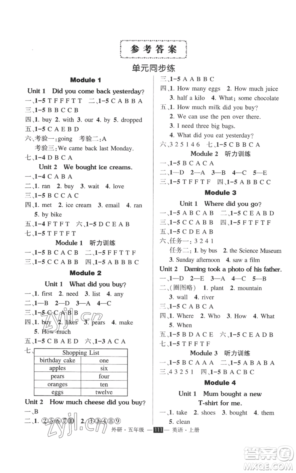 西安出版社2022秋季狀元成才路創(chuàng)優(yōu)作業(yè)100分五年級(jí)上冊(cè)英語外研版參考答案