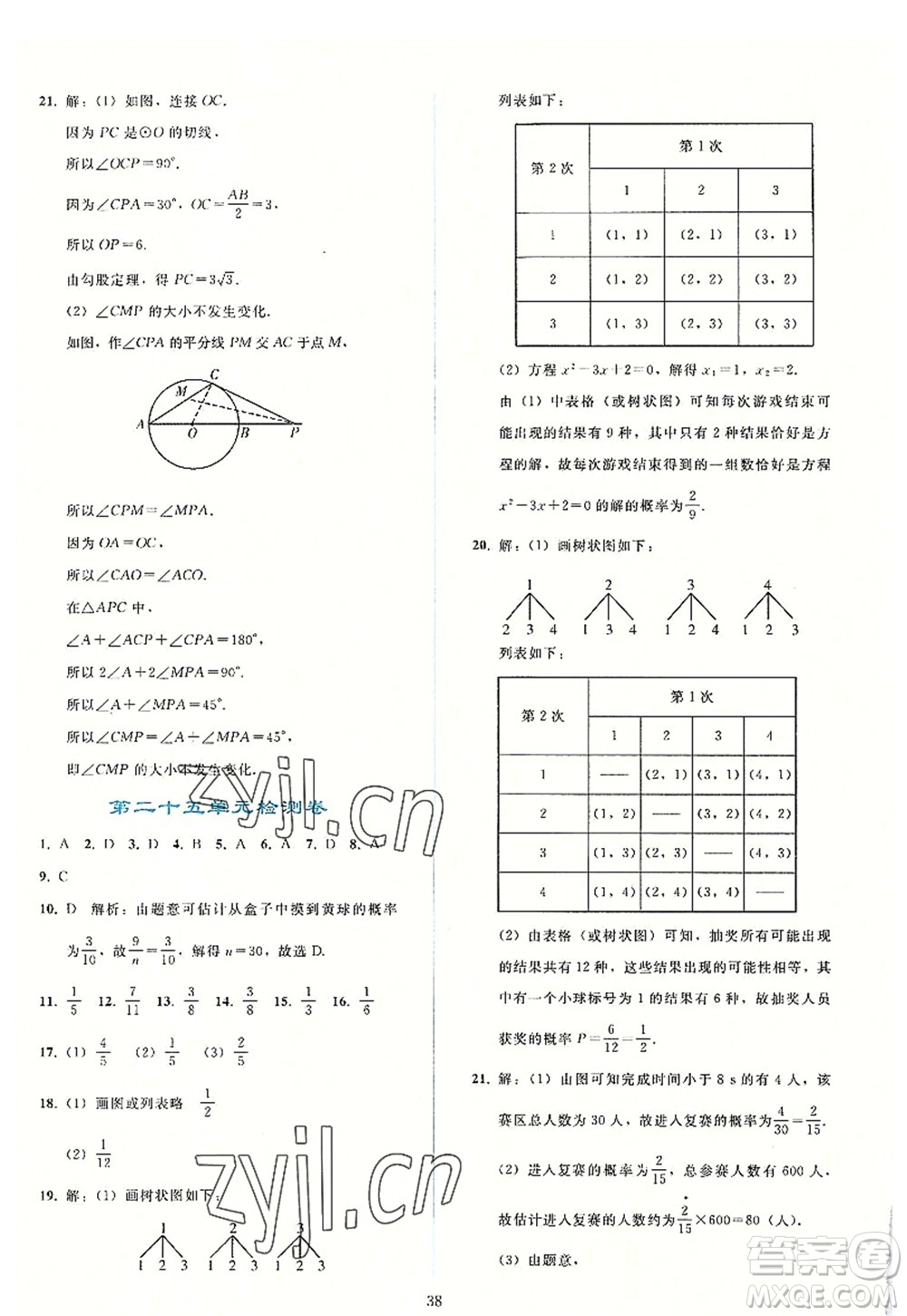 人民教育出版社2022同步輕松練習(xí)九年級數(shù)學(xué)上冊人教版答案