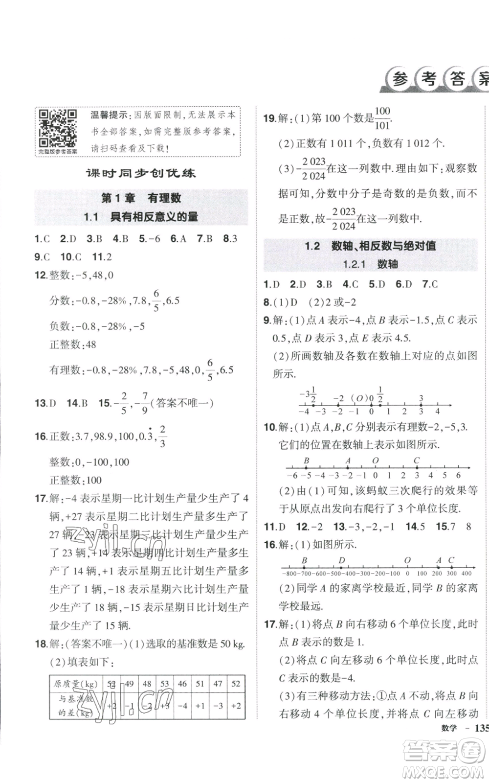 吉林教育出版社2022秋季狀元成才路創(chuàng)優(yōu)作業(yè)七年級上冊數(shù)學湘教版參考答案