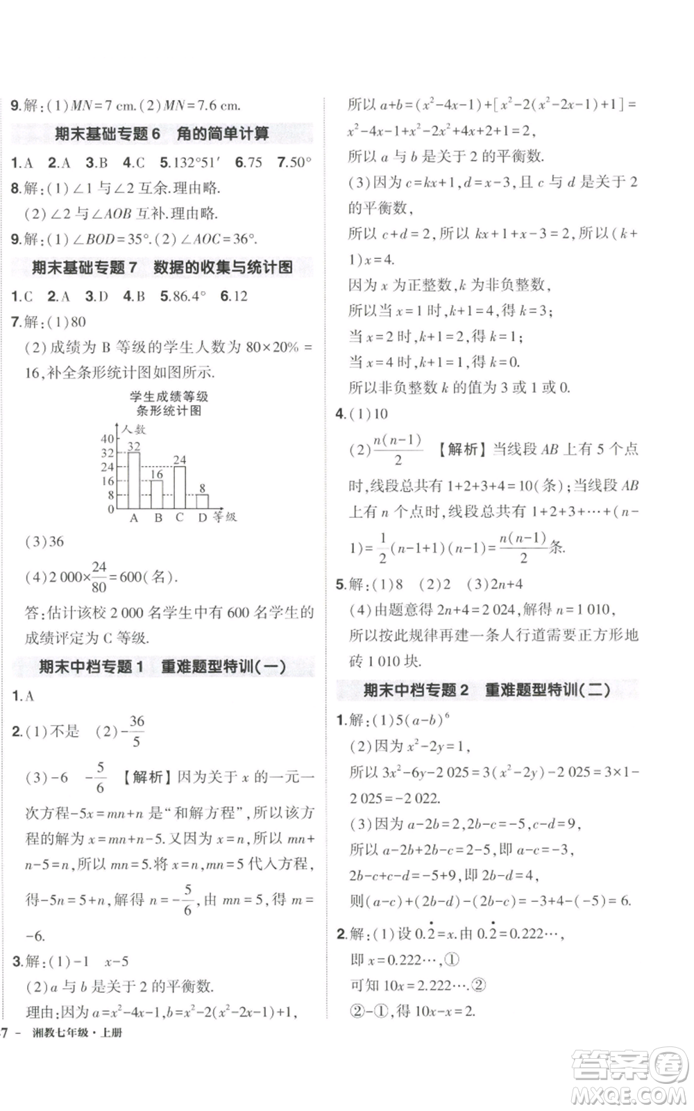 吉林教育出版社2022秋季狀元成才路創(chuàng)優(yōu)作業(yè)七年級上冊數(shù)學湘教版參考答案