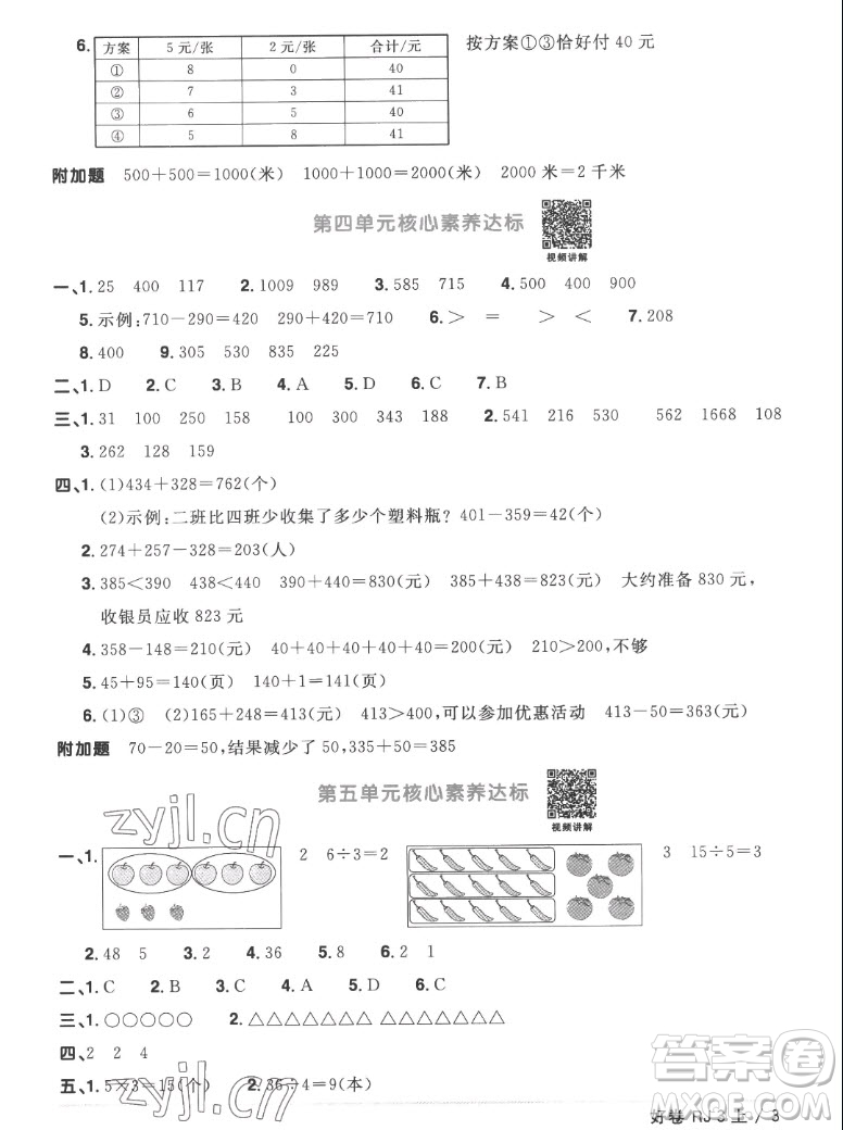 江西教育出版社2022陽光同學(xué)一線名師全優(yōu)好卷數(shù)學(xué)三年級上冊人教版答案