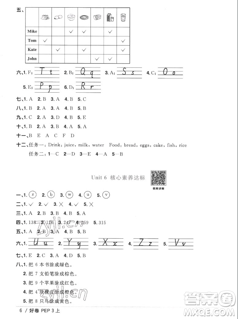 江西教育出版社2022陽光同學一線名師全優(yōu)好卷英語三年級上冊人教版答案