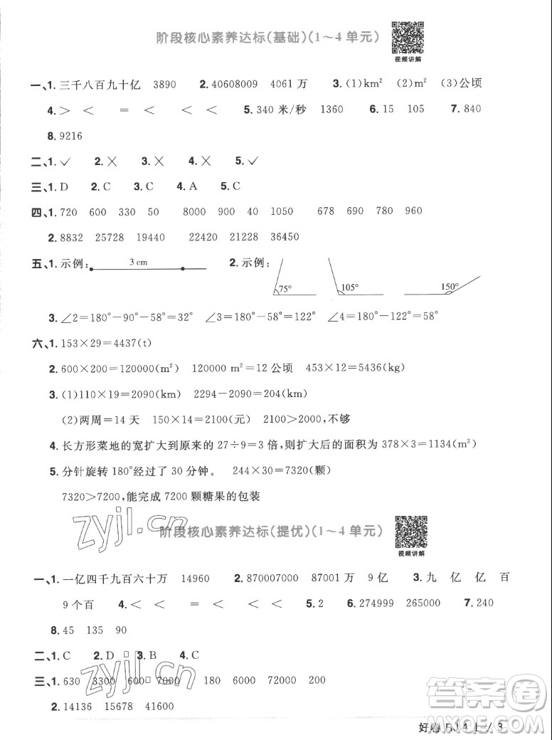 江西教育出版社2022陽光同學(xué)一線名師全優(yōu)好卷數(shù)學(xué)四年級上冊人教版答案