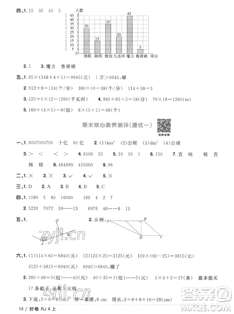 江西教育出版社2022陽光同學(xué)一線名師全優(yōu)好卷數(shù)學(xué)四年級上冊人教版答案