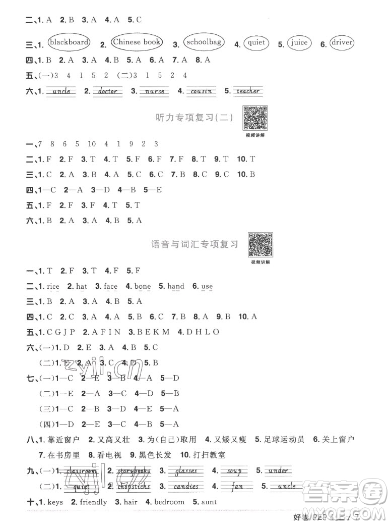 江西教育出版社2022陽(yáng)光同學(xué)一線名師全優(yōu)好卷英語(yǔ)四年級(jí)上冊(cè)人教版答案