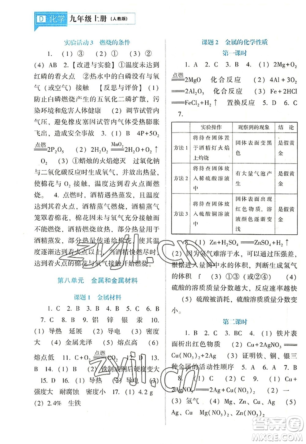 遼海出版社2022新課程化學(xué)能力培養(yǎng)九年級上冊人教版D版大連專用答案