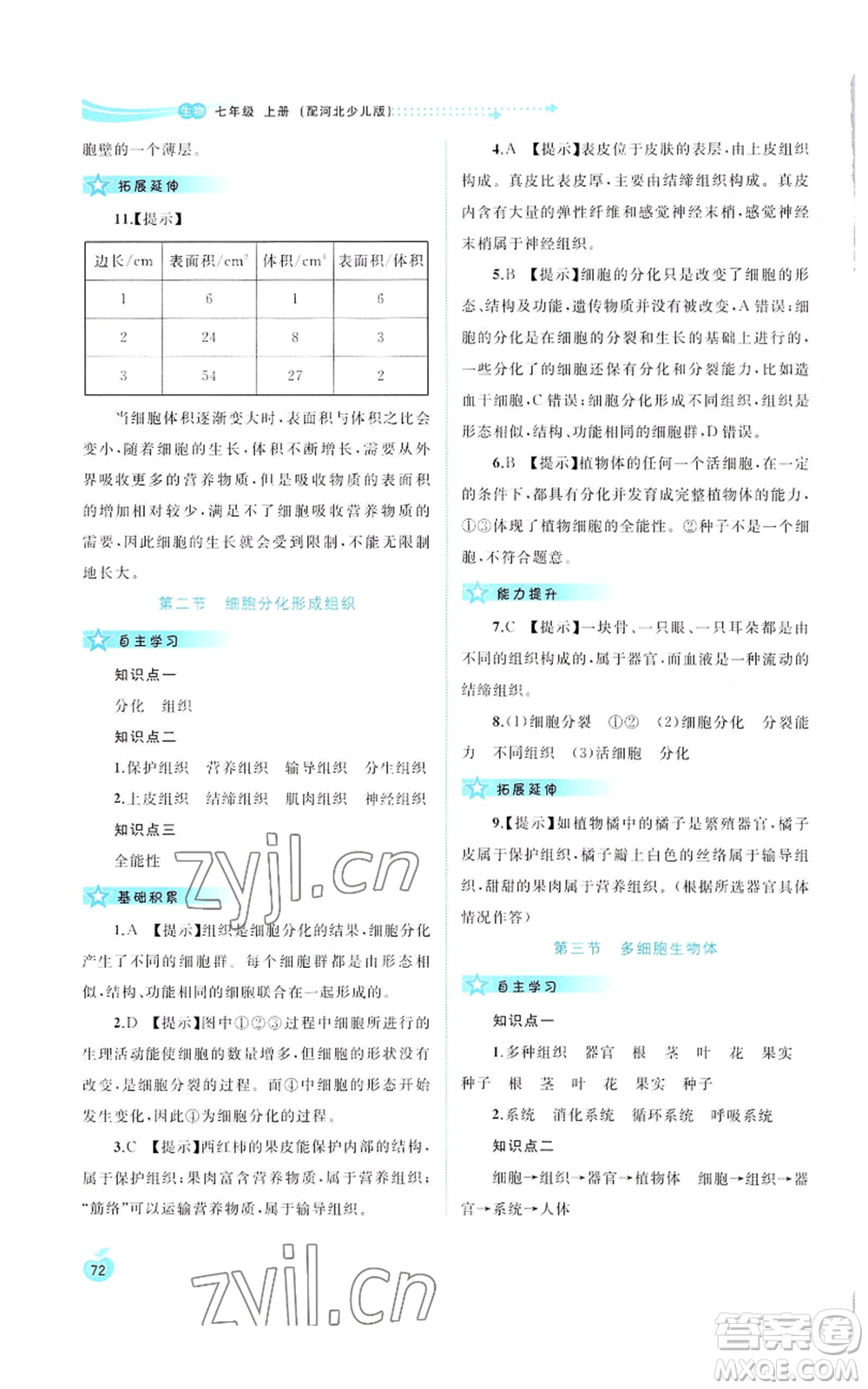 廣西教育出版社2022秋季新課程學(xué)習(xí)與測評同步學(xué)習(xí)七年級上冊生物河北少兒版參考答案