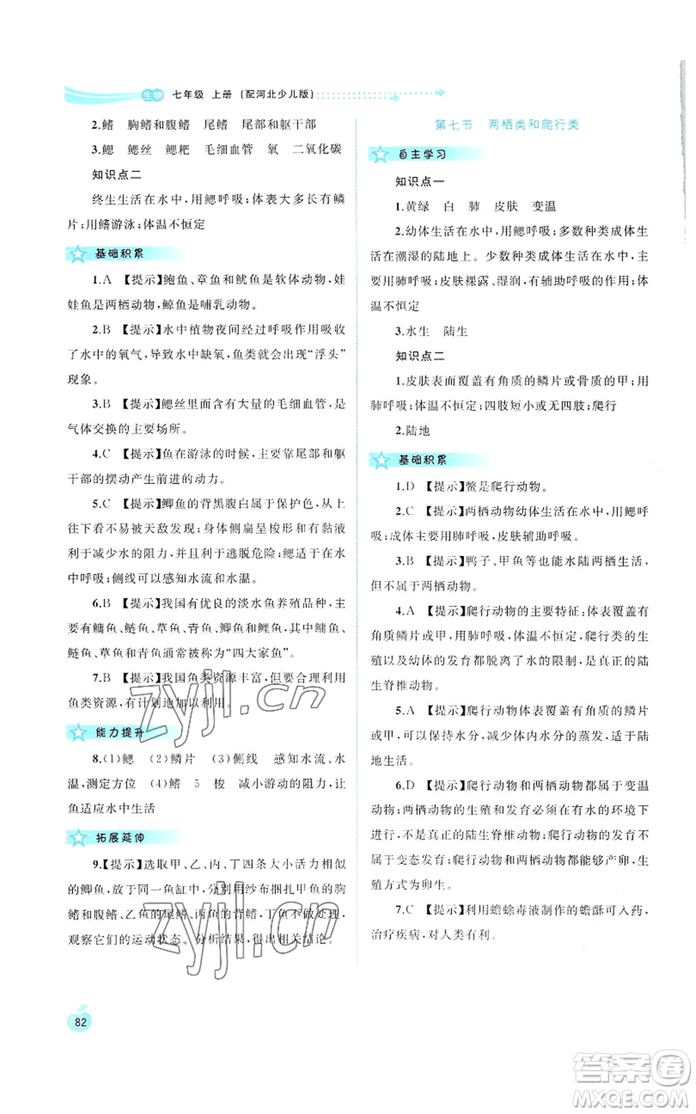 廣西教育出版社2022秋季新課程學(xué)習(xí)與測評同步學(xué)習(xí)七年級上冊生物河北少兒版參考答案