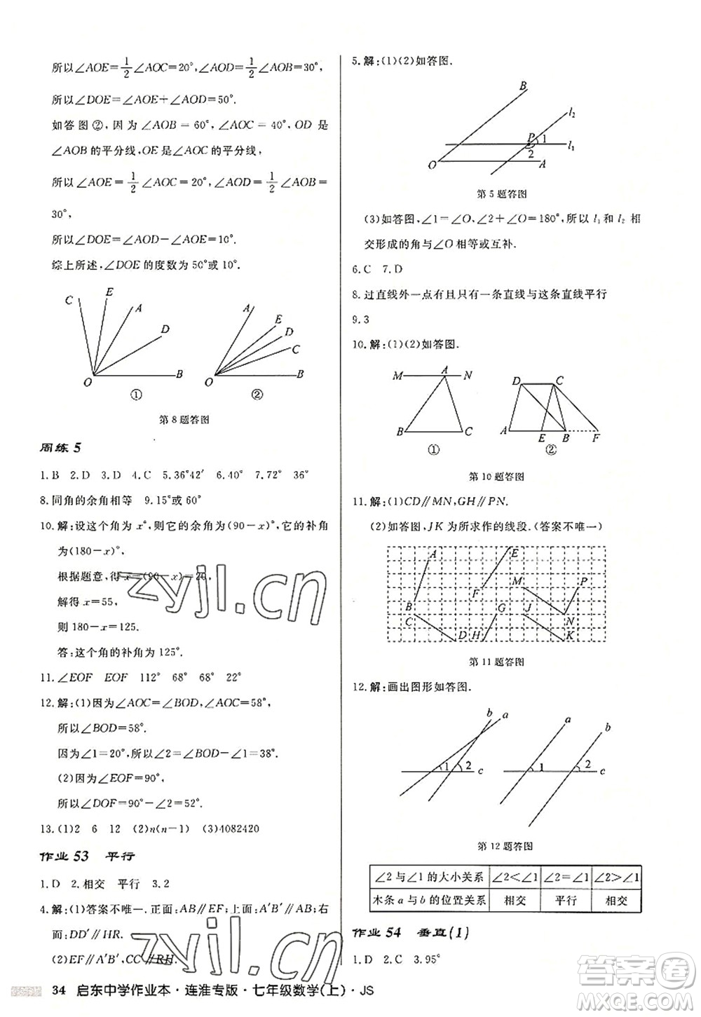 龍門書局2022啟東中學(xué)作業(yè)本七年級數(shù)學(xué)上冊JS江蘇版連淮專版答案