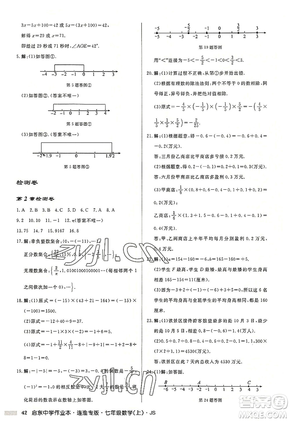 龍門書局2022啟東中學(xué)作業(yè)本七年級數(shù)學(xué)上冊JS江蘇版連淮專版答案