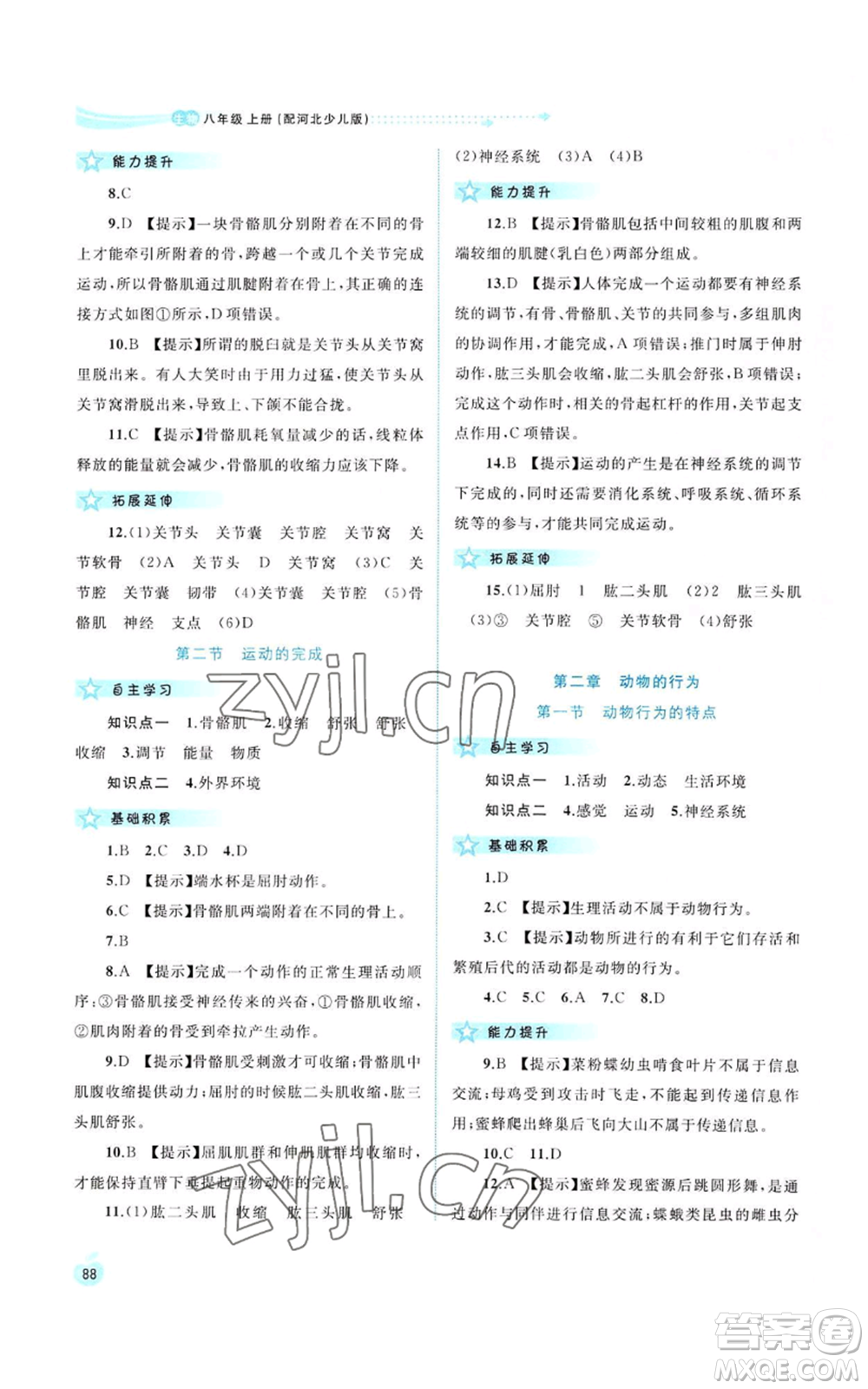 廣西教育出版社2022新課程學(xué)習(xí)與測評同步學(xué)習(xí)八年級上冊生物河北少兒版參考答案