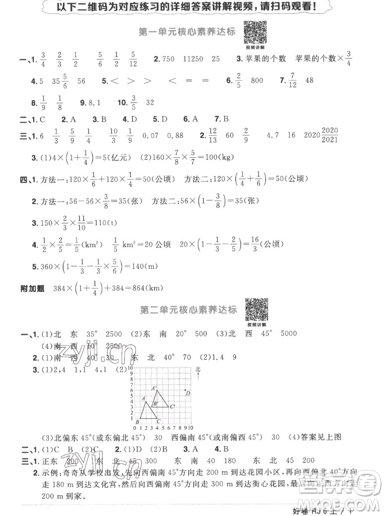 江西教育出版社2022陽光同學(xué)一線名師全優(yōu)好卷數(shù)學(xué)六年級上冊人教版答案