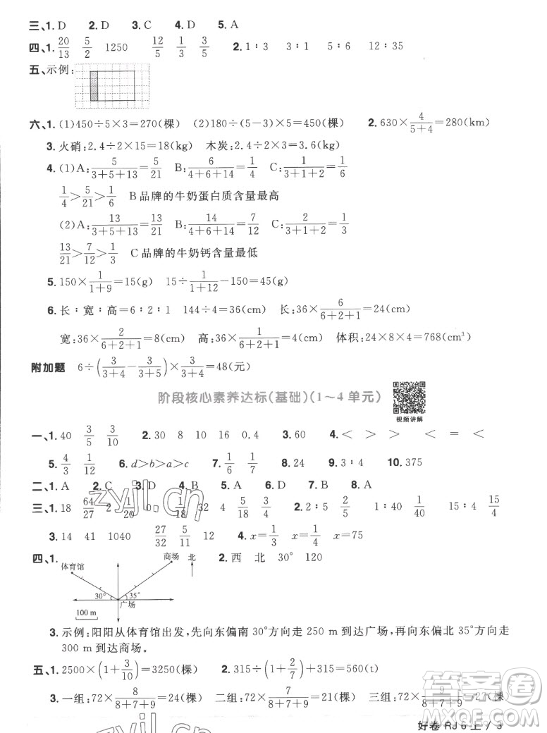 江西教育出版社2022陽光同學(xué)一線名師全優(yōu)好卷數(shù)學(xué)六年級上冊人教版答案