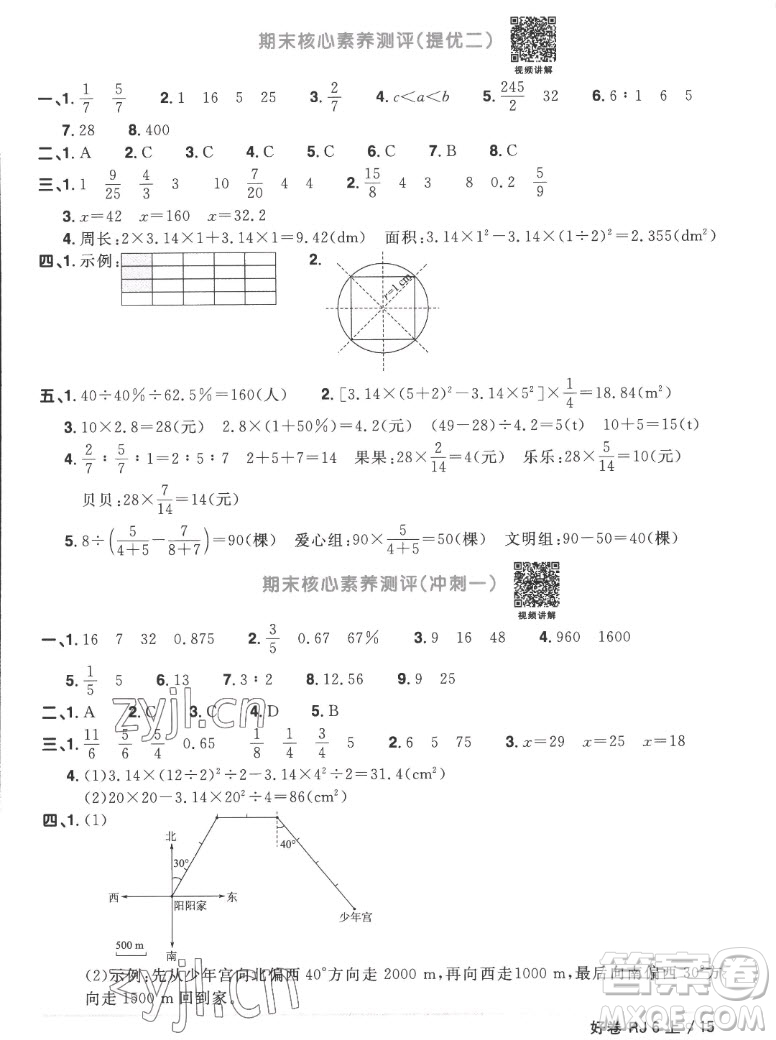 江西教育出版社2022陽光同學(xué)一線名師全優(yōu)好卷數(shù)學(xué)六年級上冊人教版答案