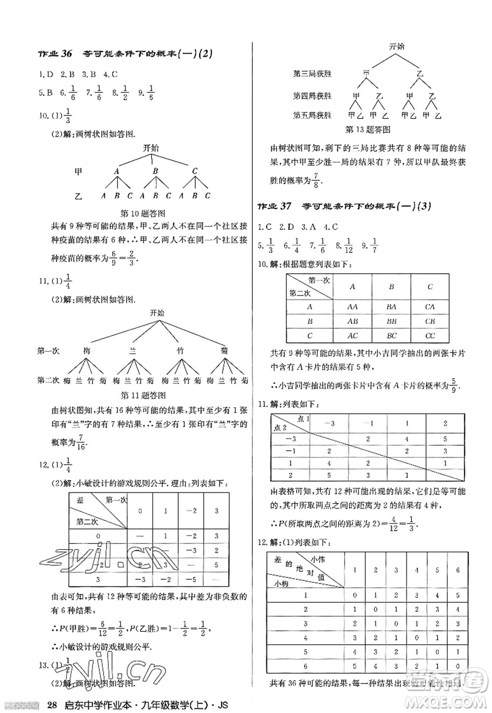 龍門書局2022啟東中學(xué)作業(yè)本九年級(jí)數(shù)學(xué)上冊(cè)JS江蘇版答案