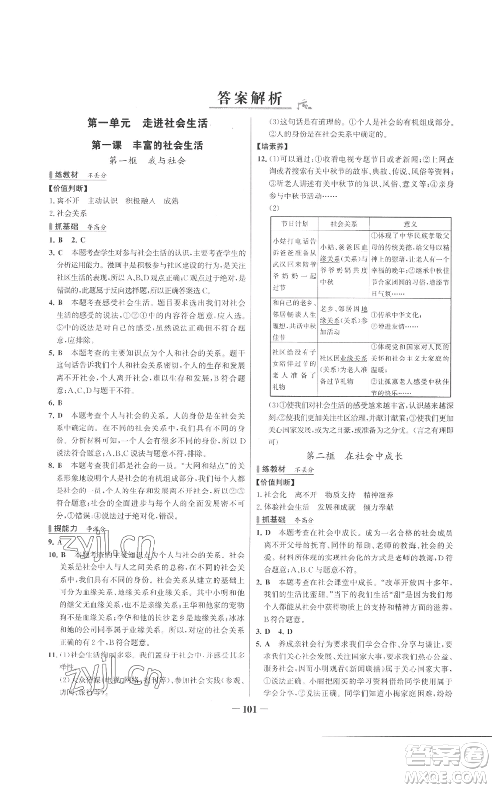 延邊大學(xué)出版社2022秋季世紀金榜初中百練百勝八年級上冊道德與法治人教版參考答案