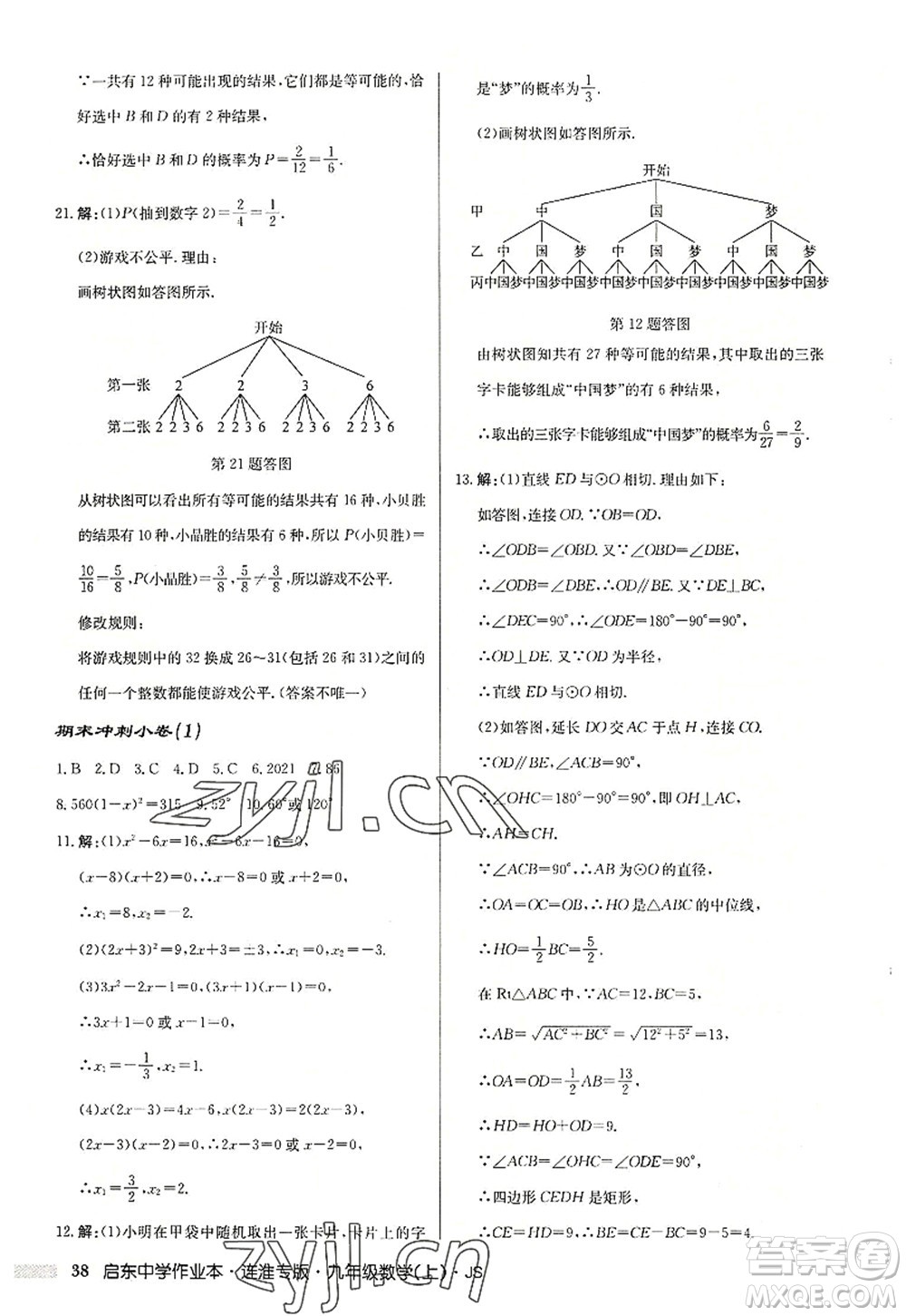 龍門書(shū)局2022啟東中學(xué)作業(yè)本九年級(jí)數(shù)學(xué)上冊(cè)JS江蘇版連淮專版答案