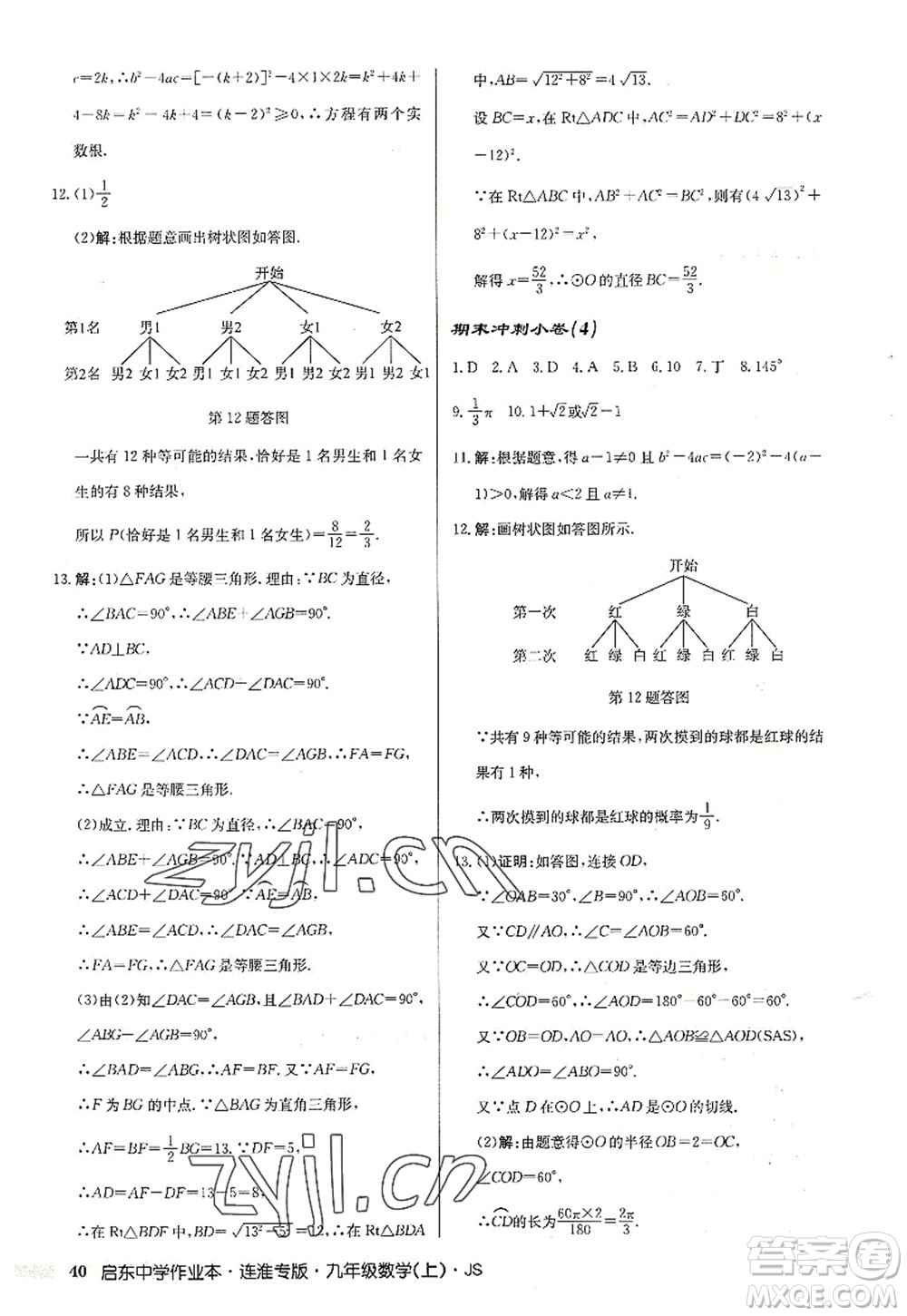 龍門書(shū)局2022啟東中學(xué)作業(yè)本九年級(jí)數(shù)學(xué)上冊(cè)JS江蘇版連淮專版答案