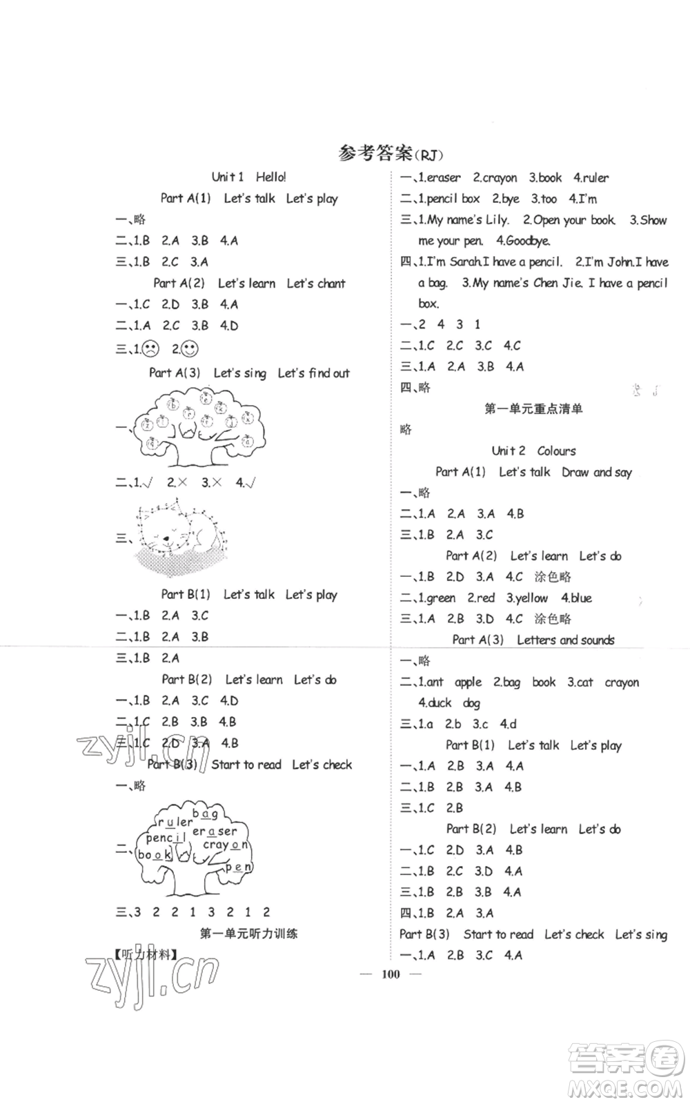 天津科學(xué)技術(shù)出版社2022智慧花朵三年級(jí)上冊(cè)英語人教版參考答案