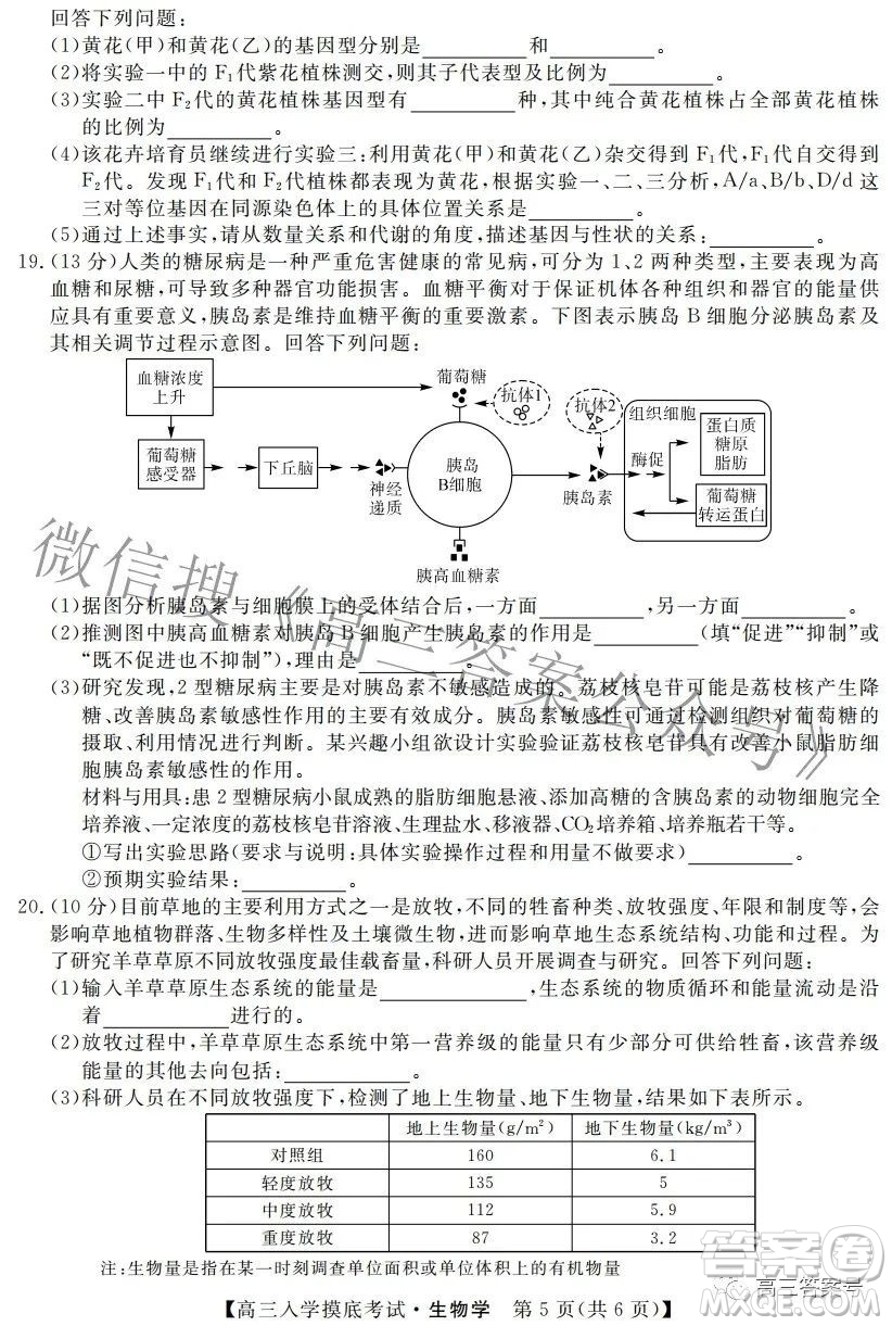 湘潭市2023屆高三入學摸底考試生物學試題及答案