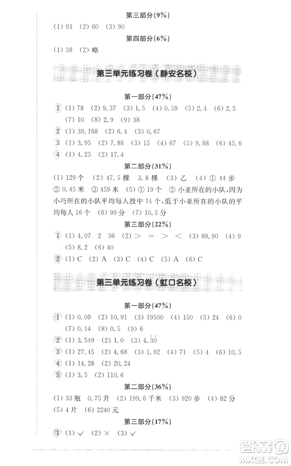 華東師范大學(xué)出版社2022上海名校名卷五年級(jí)上冊數(shù)學(xué)滬教版參考答案