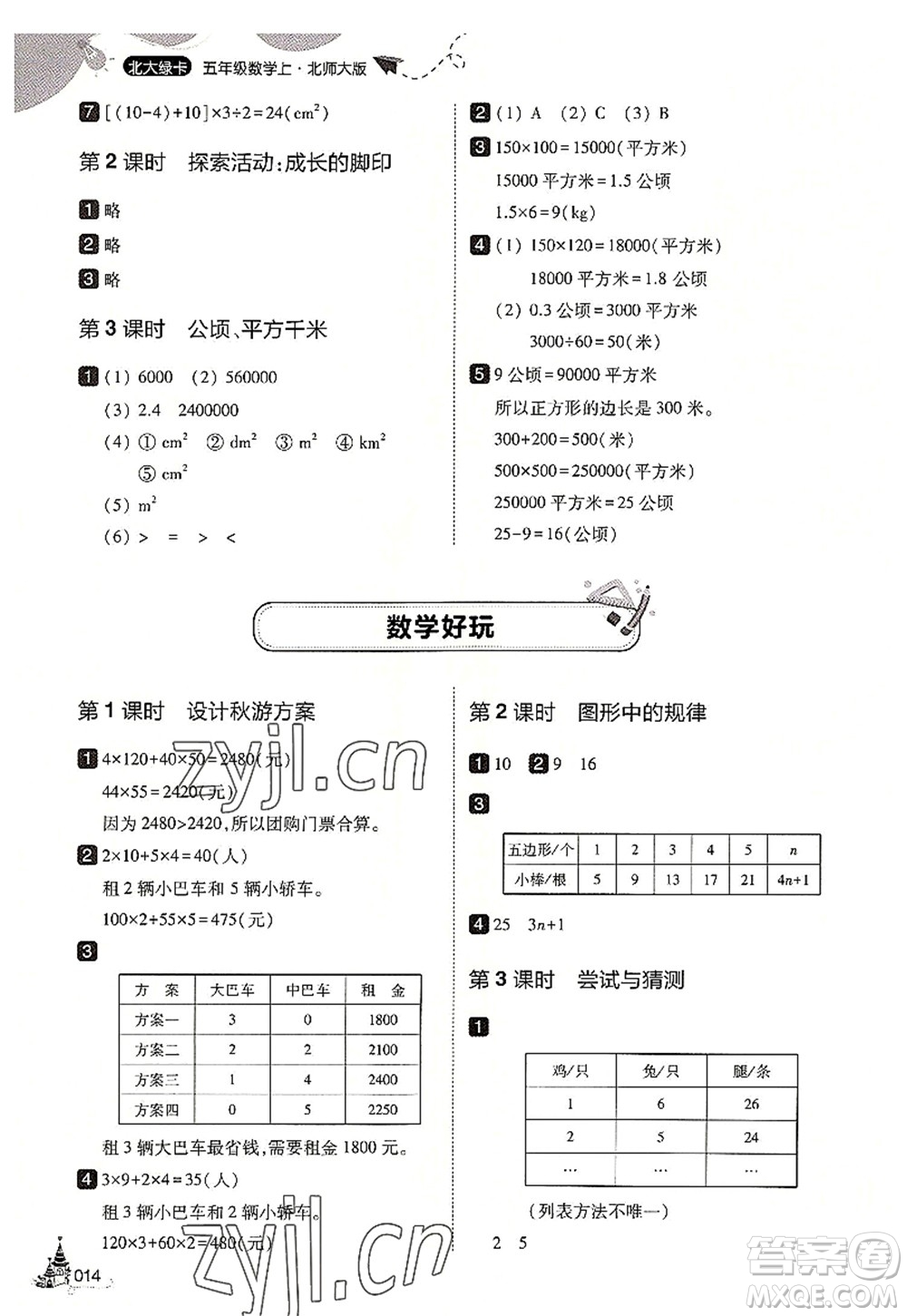 東北師范大學(xué)出版社2022北大綠卡五年級數(shù)學(xué)上冊北師大版答案