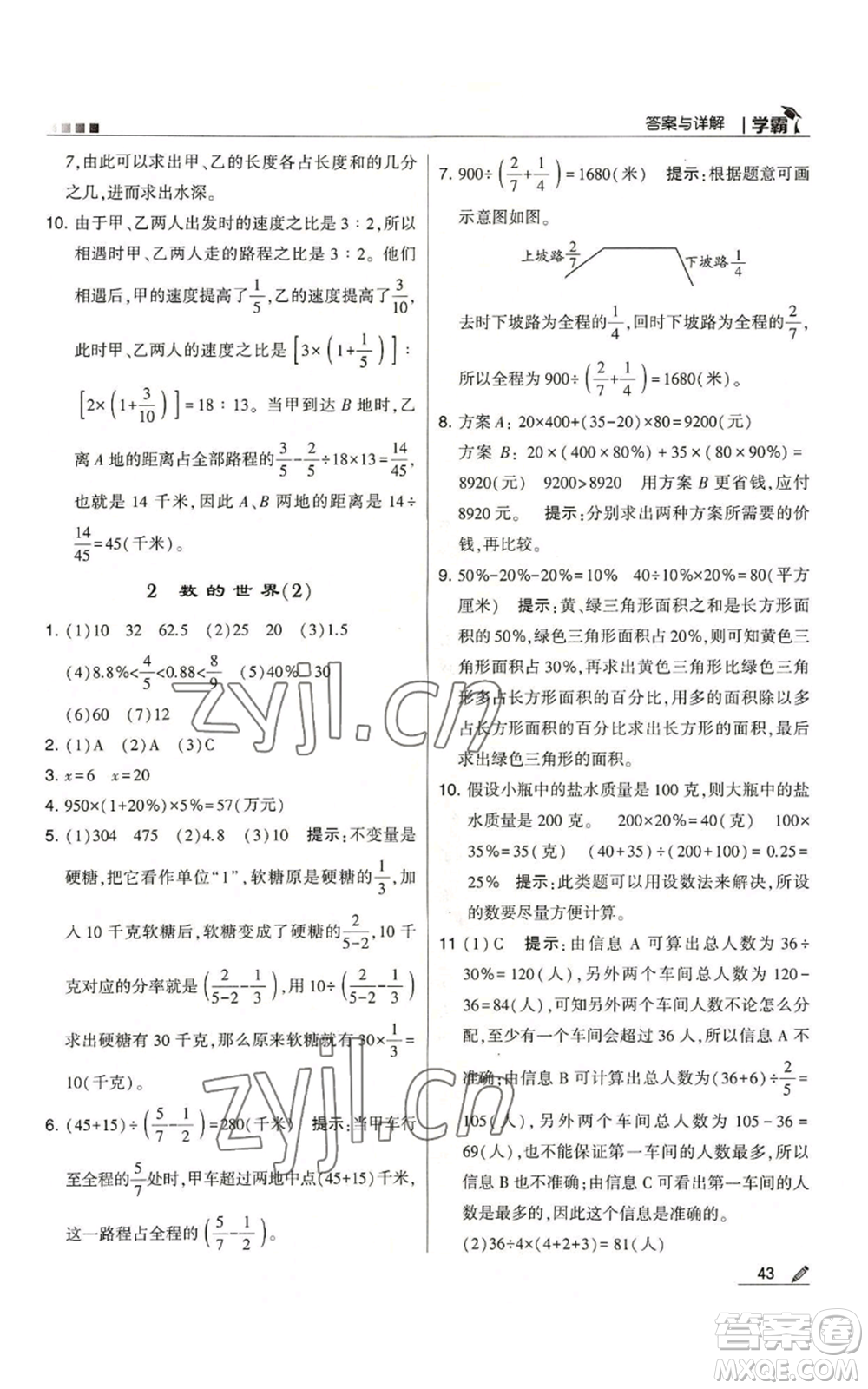 甘肅少年兒童出版社2022經綸學典學霸六年級上冊數學蘇教版參考答案