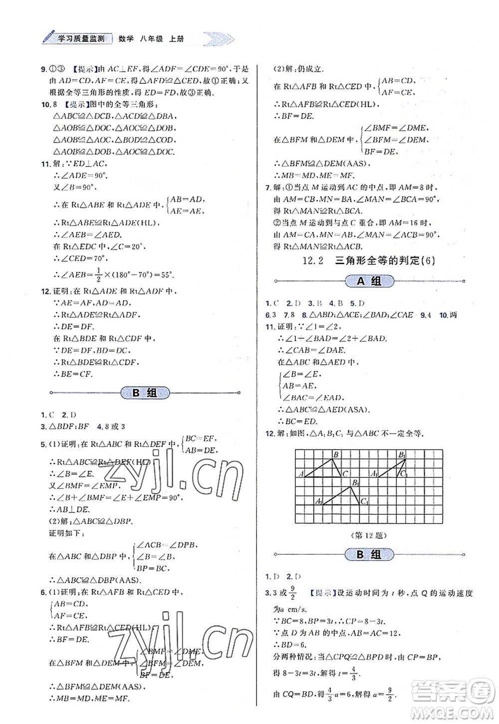 天津教育出版社2022學(xué)習(xí)質(zhì)量監(jiān)測(cè)八年級(jí)數(shù)學(xué)上冊(cè)人教版答案