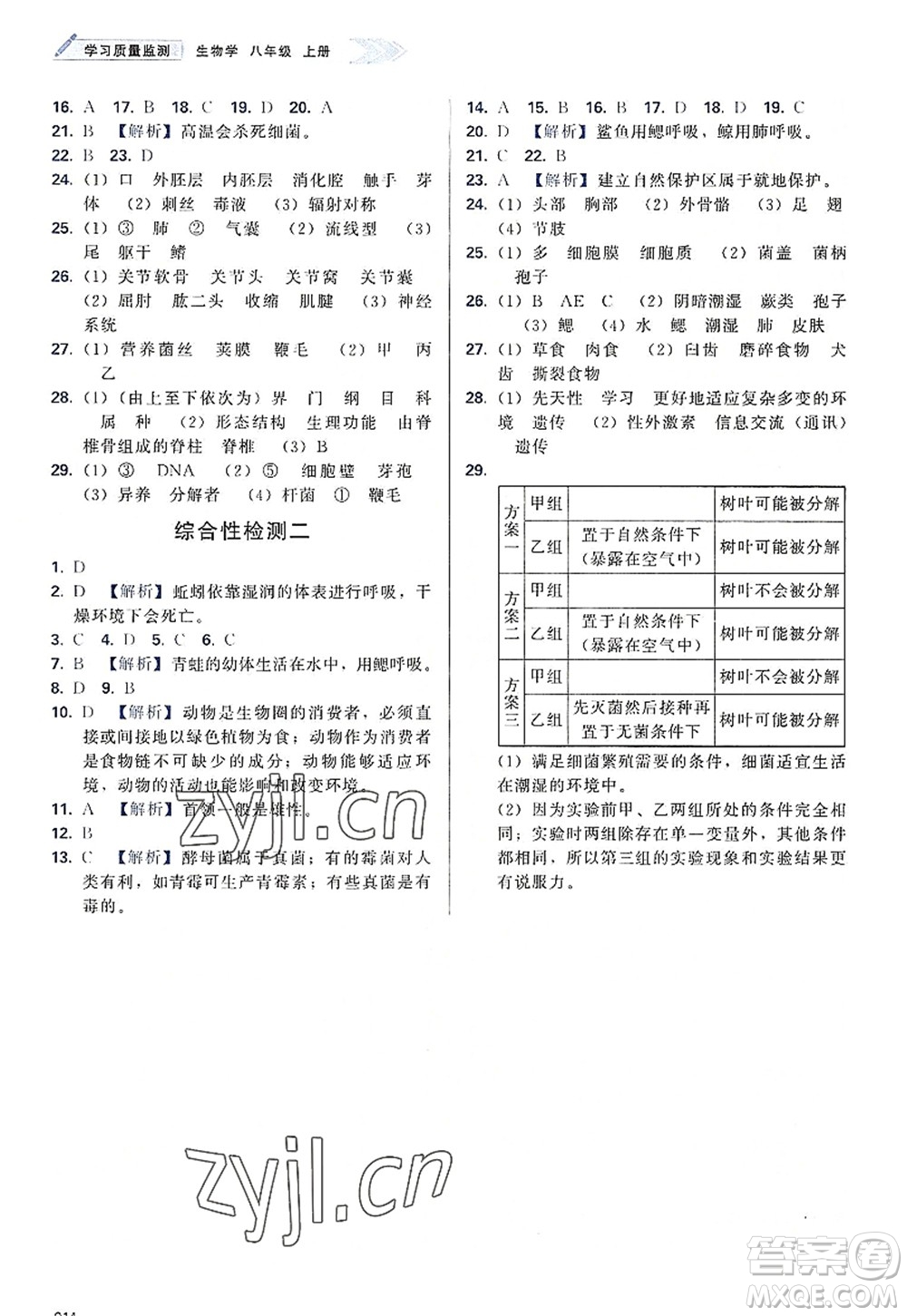 天津教育出版社2022學(xué)習(xí)質(zhì)量監(jiān)測八年級(jí)生物上冊(cè)人教版答案