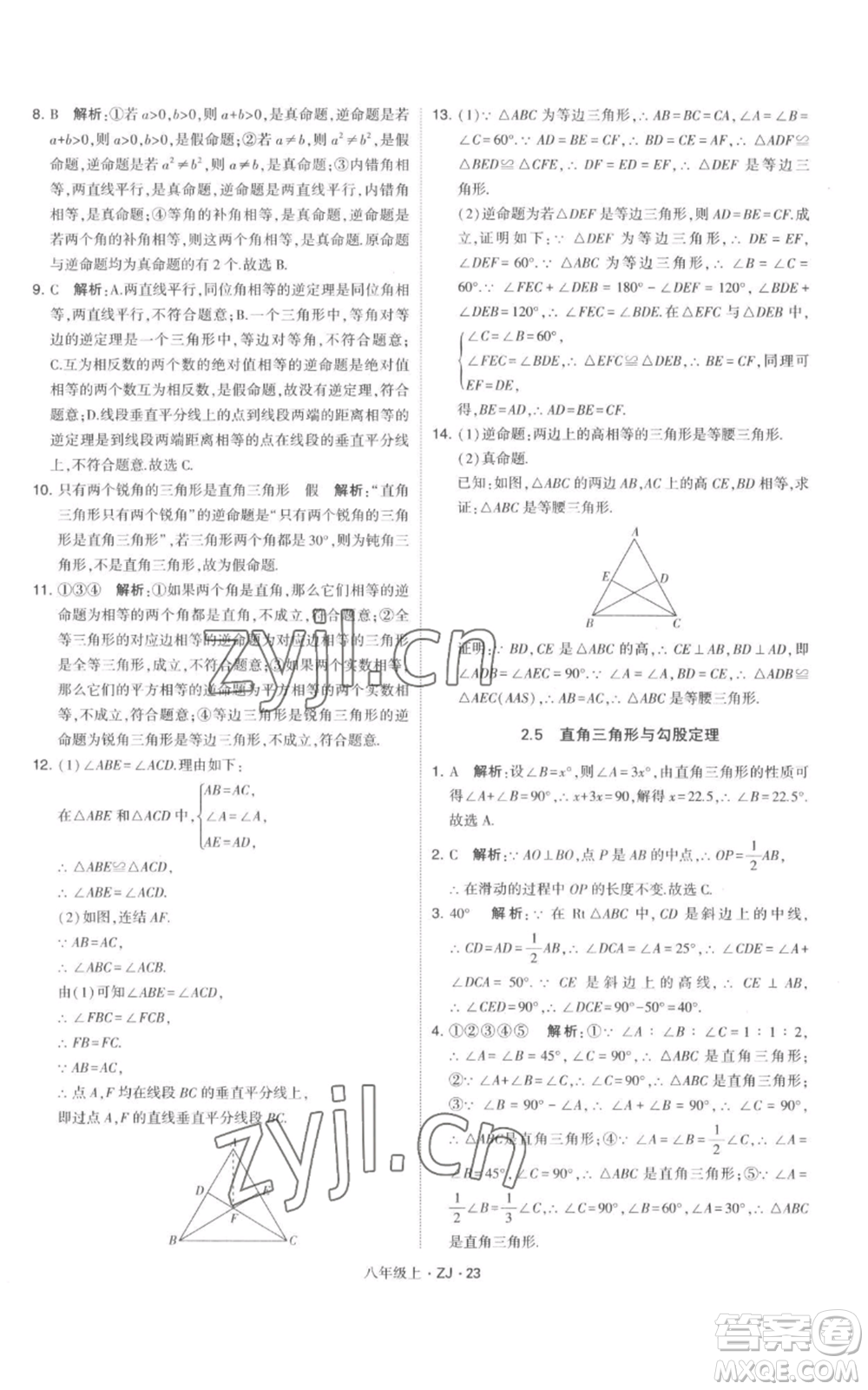 寧夏人民教育出版社2022經(jīng)綸學(xué)典學(xué)霸題中題八年級上冊數(shù)學(xué)浙教版參考答案