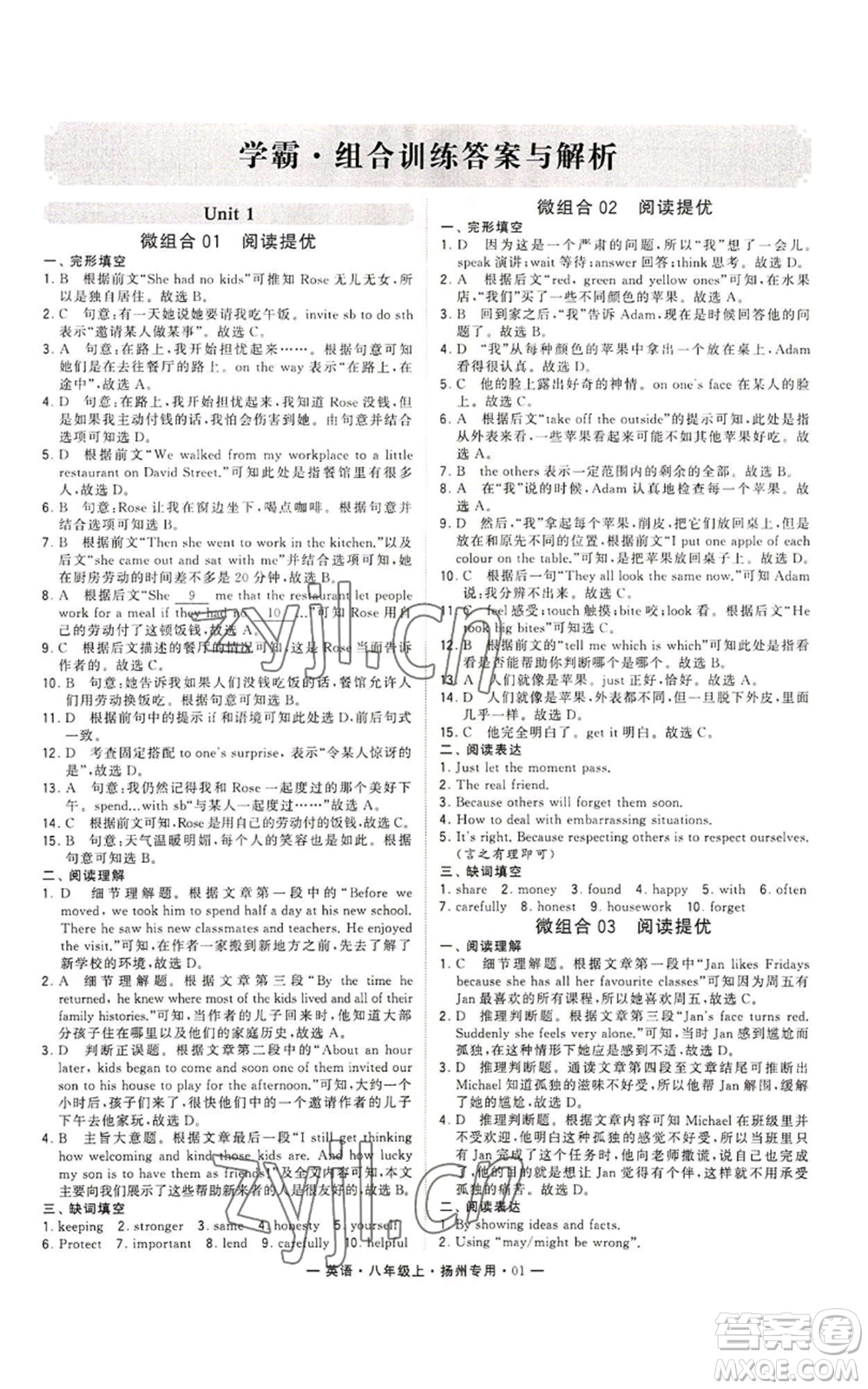 河海大學出版社2022經(jīng)綸學典學霸組合訓練八年級上冊英語譯林版揚州專版參考答案