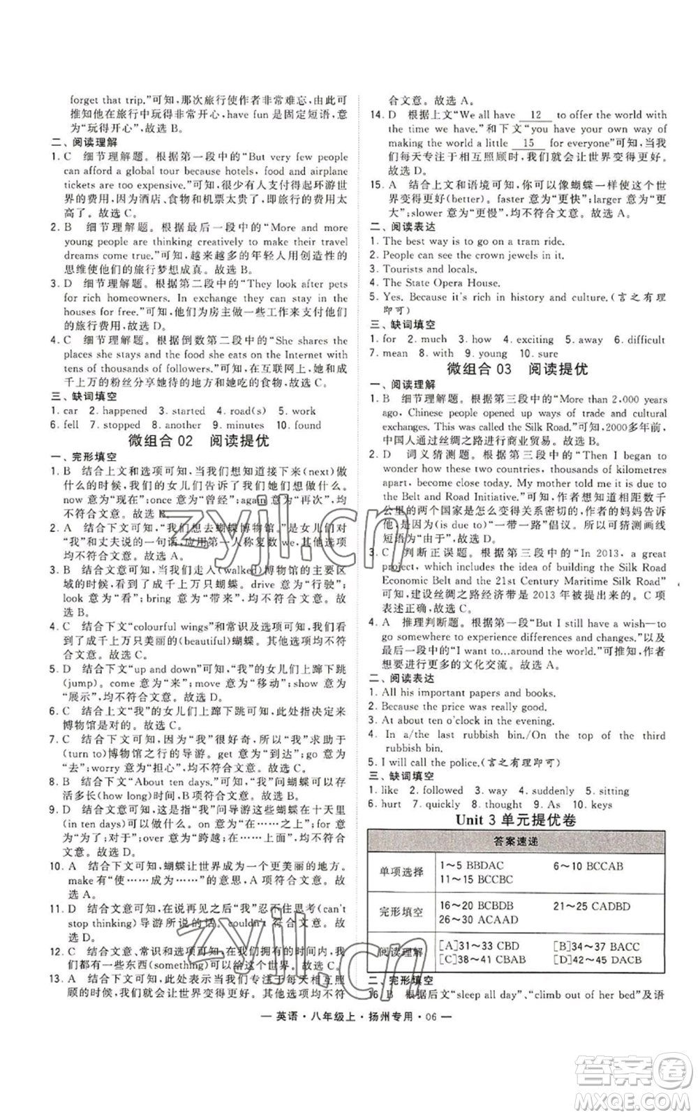 河海大學出版社2022經(jīng)綸學典學霸組合訓練八年級上冊英語譯林版揚州專版參考答案