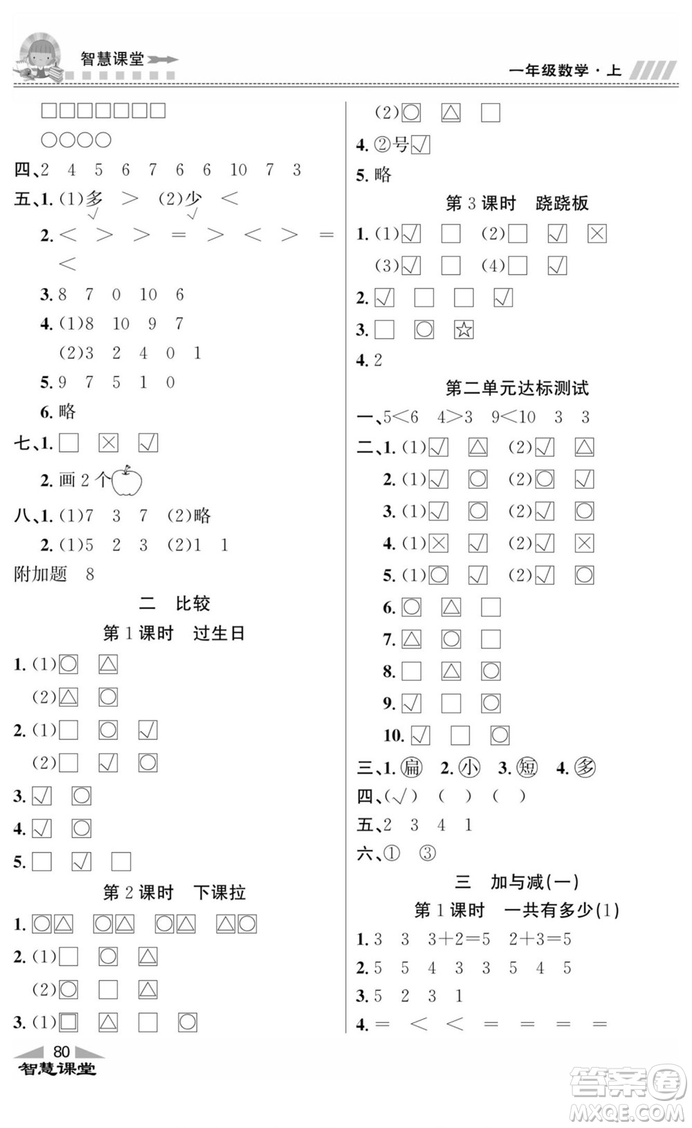 云南科技出版社2022秋智慧課堂同步講練測數(shù)學(xué)一年級(jí)上冊(cè)BS北師版答案