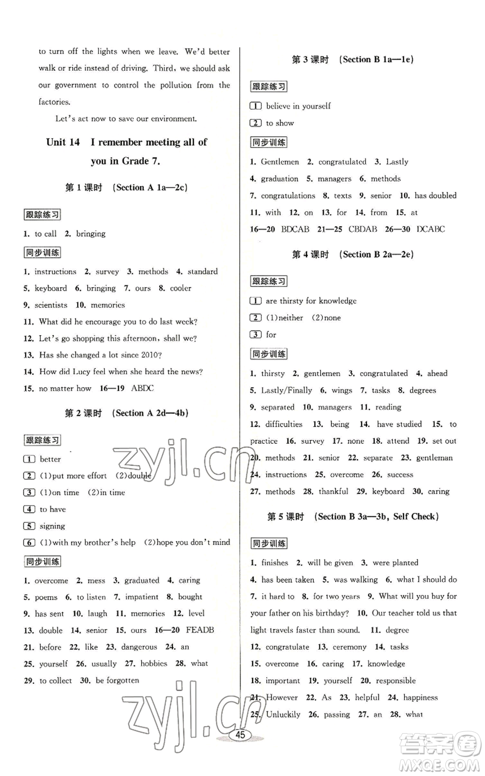 北京教育出版社2022秋季教與學課程同步講練九年級英語人教新目標版參考答案