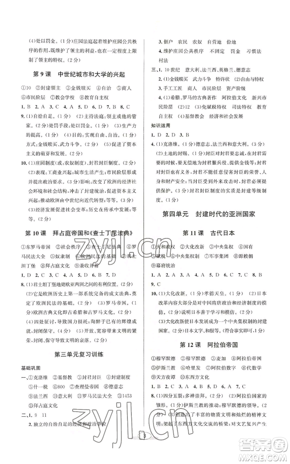 北京教育出版社2022秋季教與學(xué)課程同步講練九年級(jí)世界歷史人教版參考答案