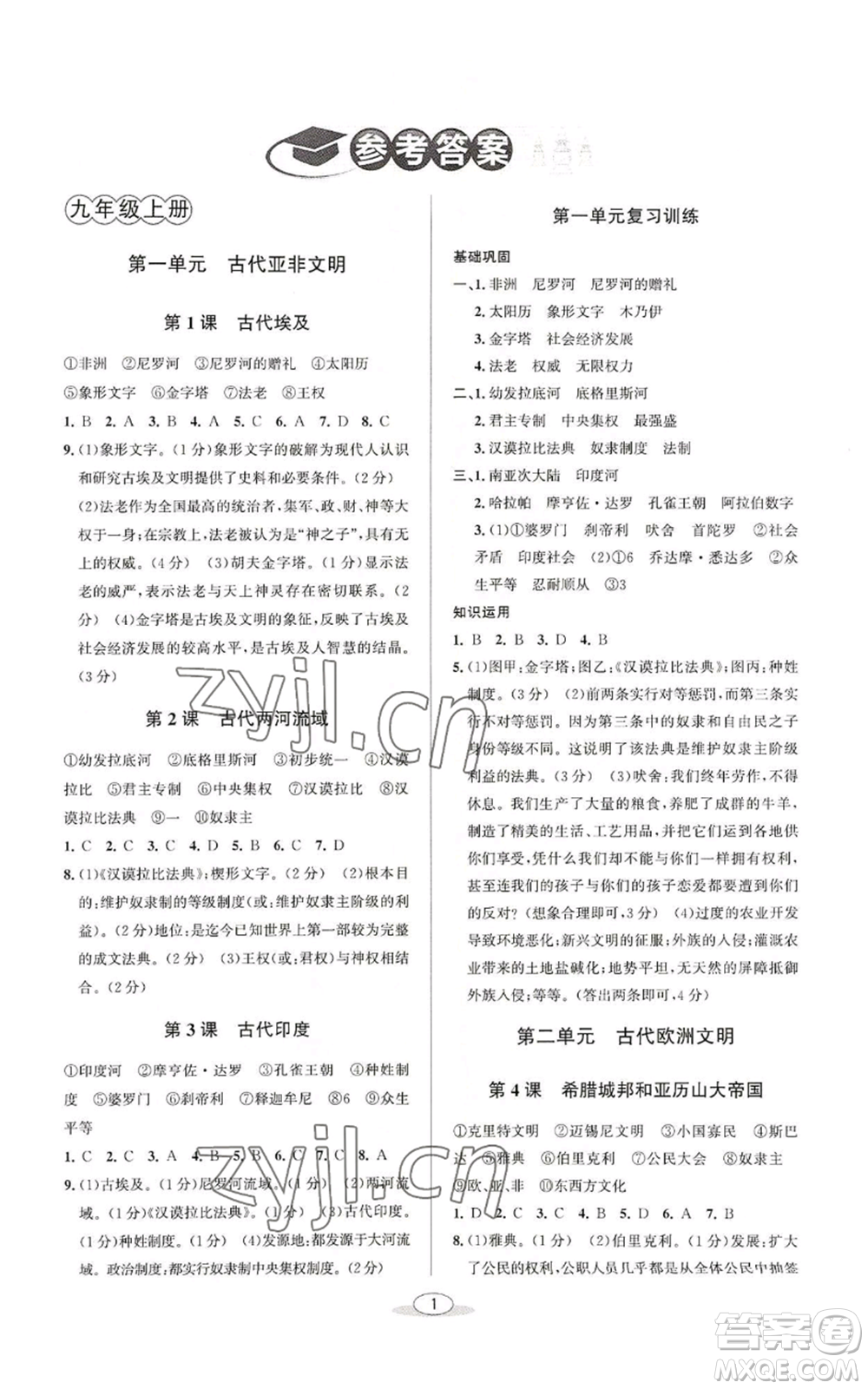 北京教育出版社2022秋季教與學(xué)課程同步講練九年級(jí)世界歷史人教版參考答案