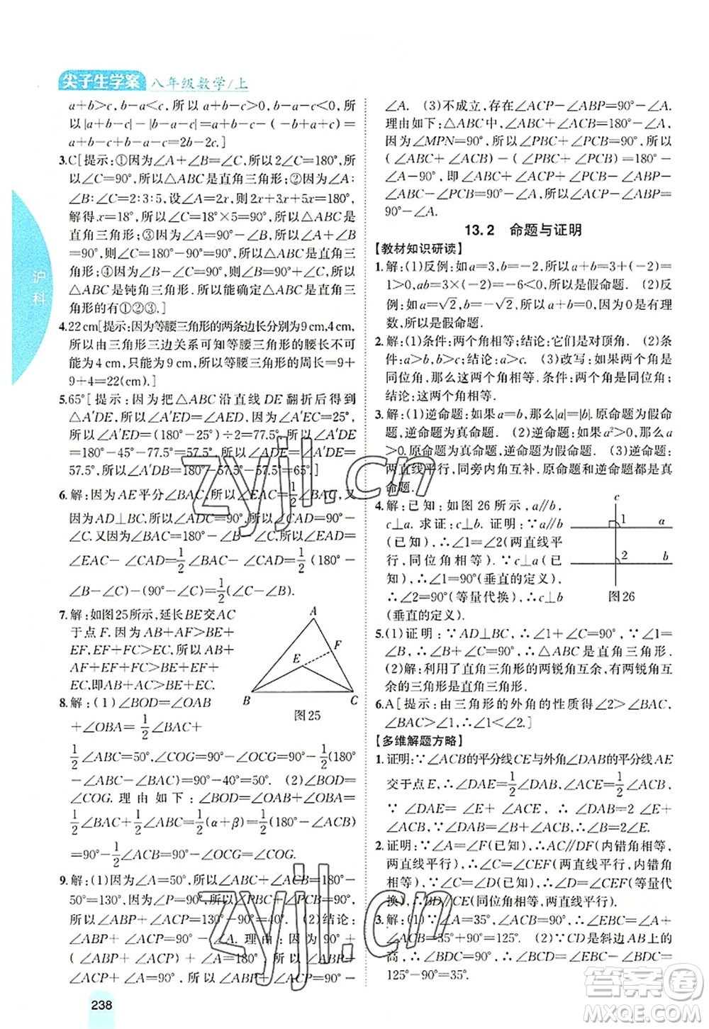 吉林人民出版社2022尖子生學(xué)案八年級(jí)數(shù)學(xué)上冊(cè)滬科版答案