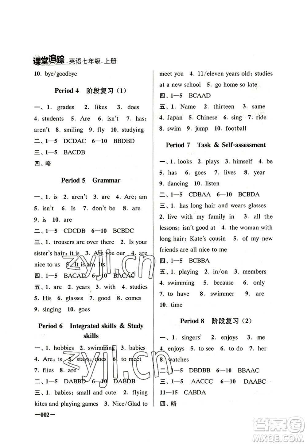 江蘇鳳凰美術(shù)出版社2022課堂追蹤七年級英語上冊譯林版答案