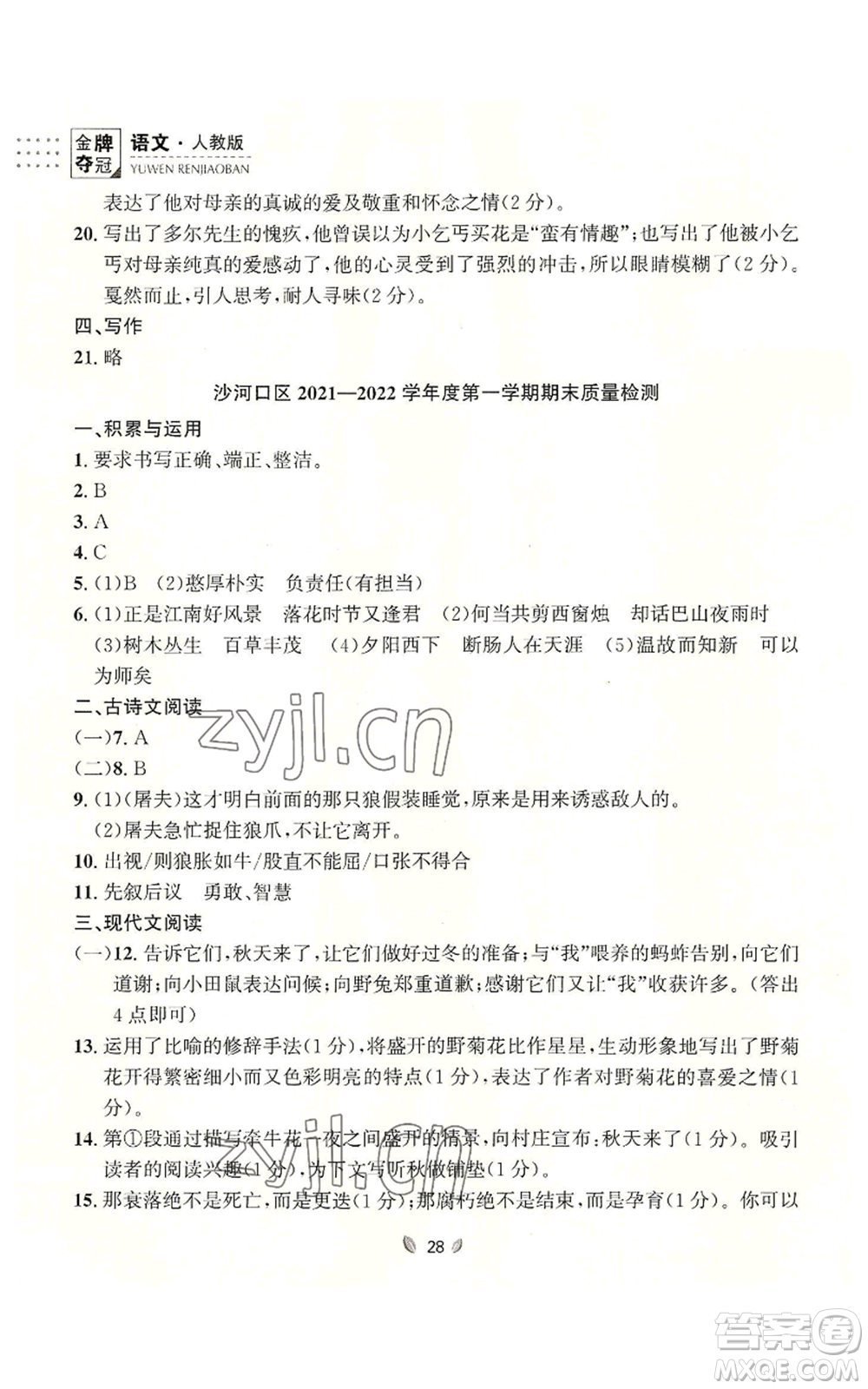 延邊大學出版社2022點石成金金牌奪冠七年級上冊語文人教版參考答案