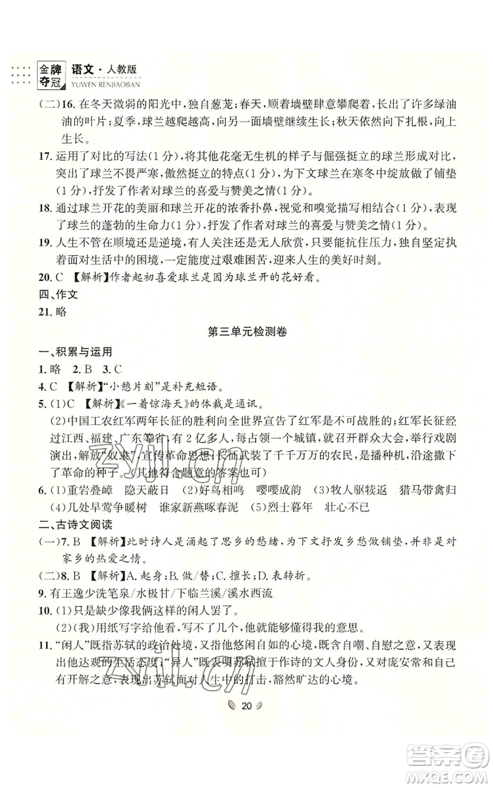 延邊大學出版社2022點石成金金牌奪冠八年級上冊語文人教版參考答案